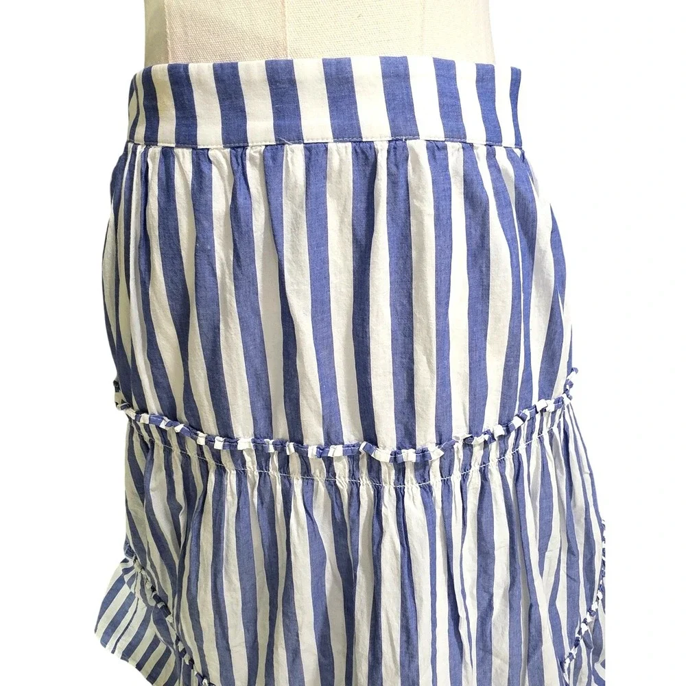 J.Crew Striped Tiered Midi Skirt Womens Small Blue White Cotton Pocket